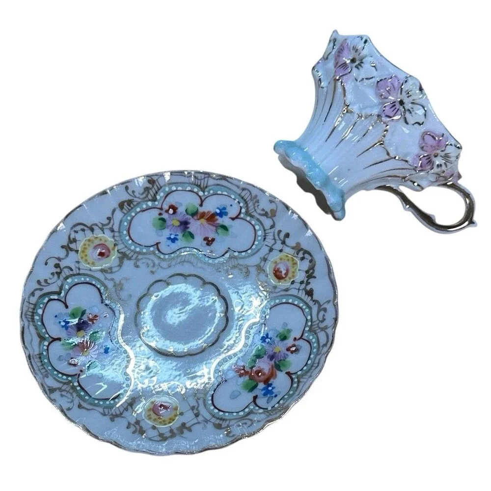Antique Demitasse Cup & Saucer Handpainted Gilded Floral Collectible Elegant